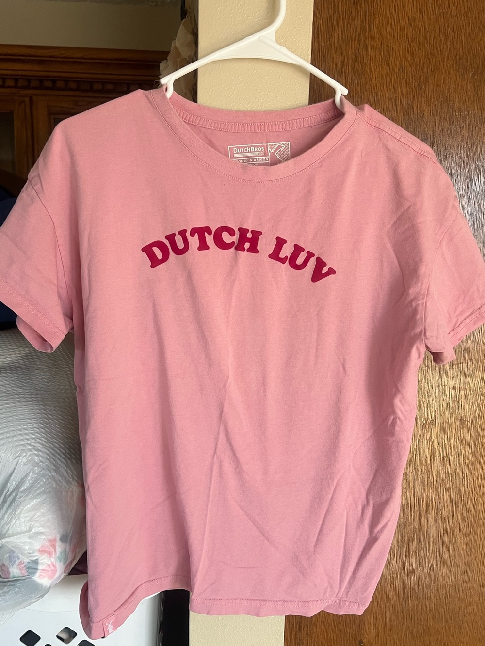 Dutch Bros womenswear"Dutch Luv" Pink Graphic Tee